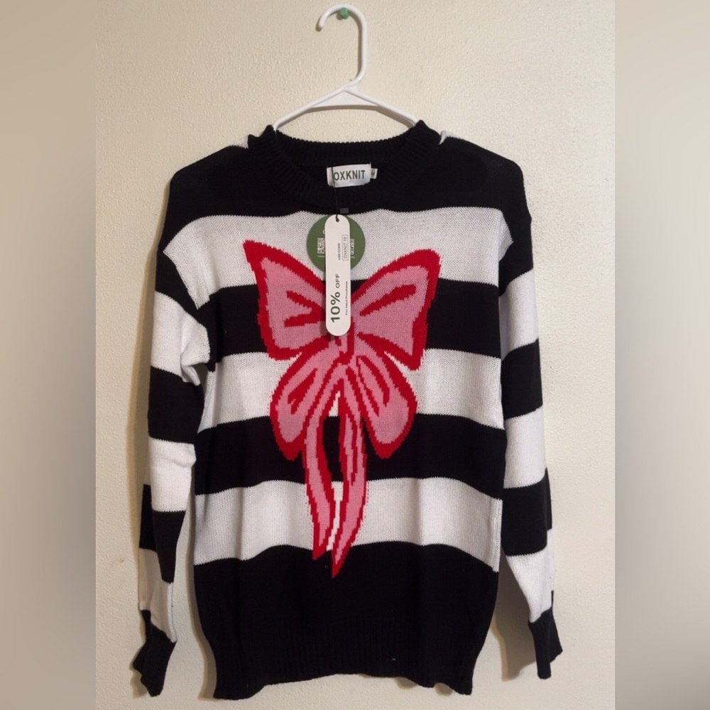 OXKNIT Black and White Striped Sweater with Pink Bow, NWT. 100% cotton
